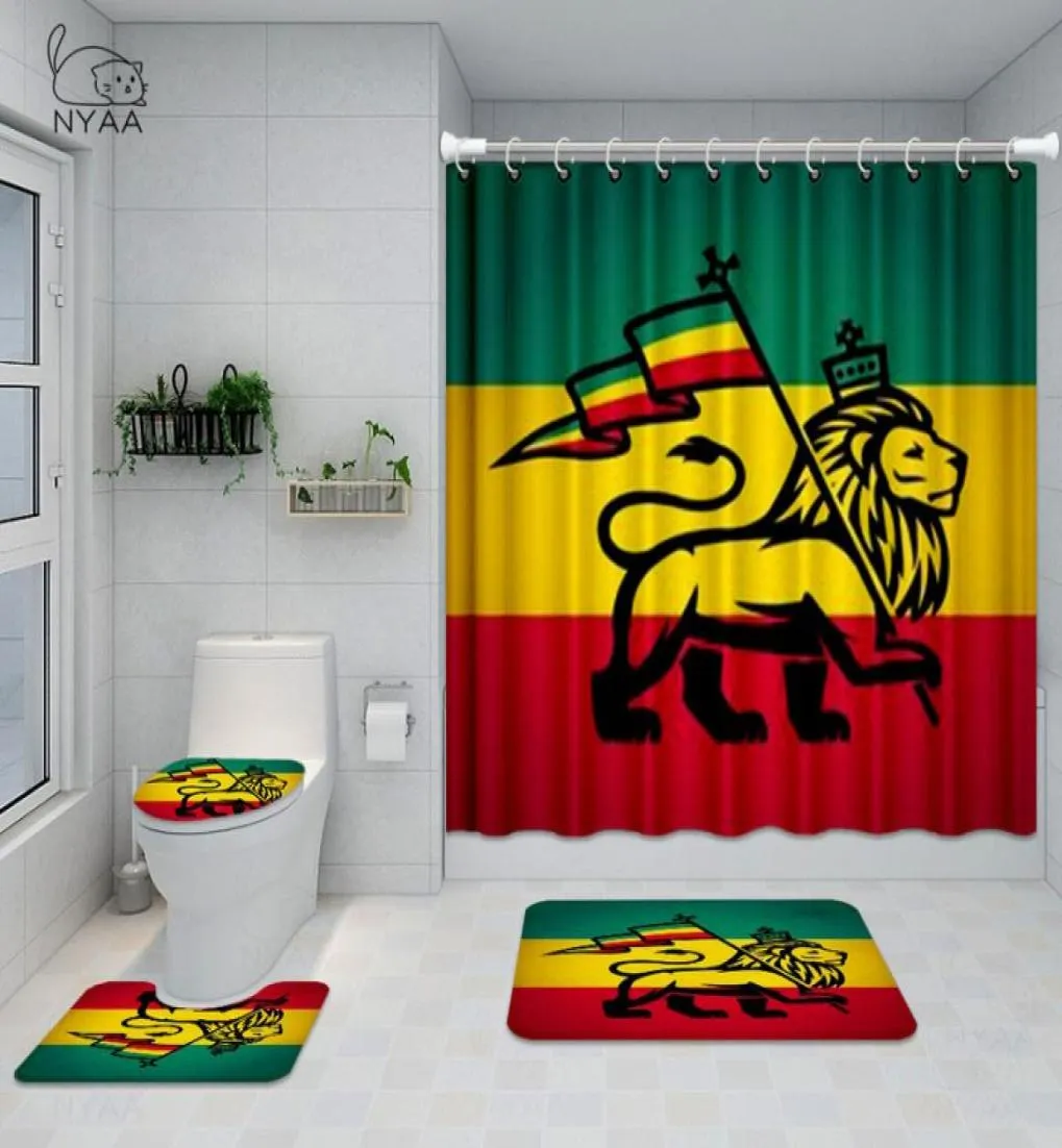 Douchegordijnen rasta vlag geschilderd op houten badkamer set de leeuw van Judah Wall Art Waterdichte gordijntoiletkapmat niet slip 1049713