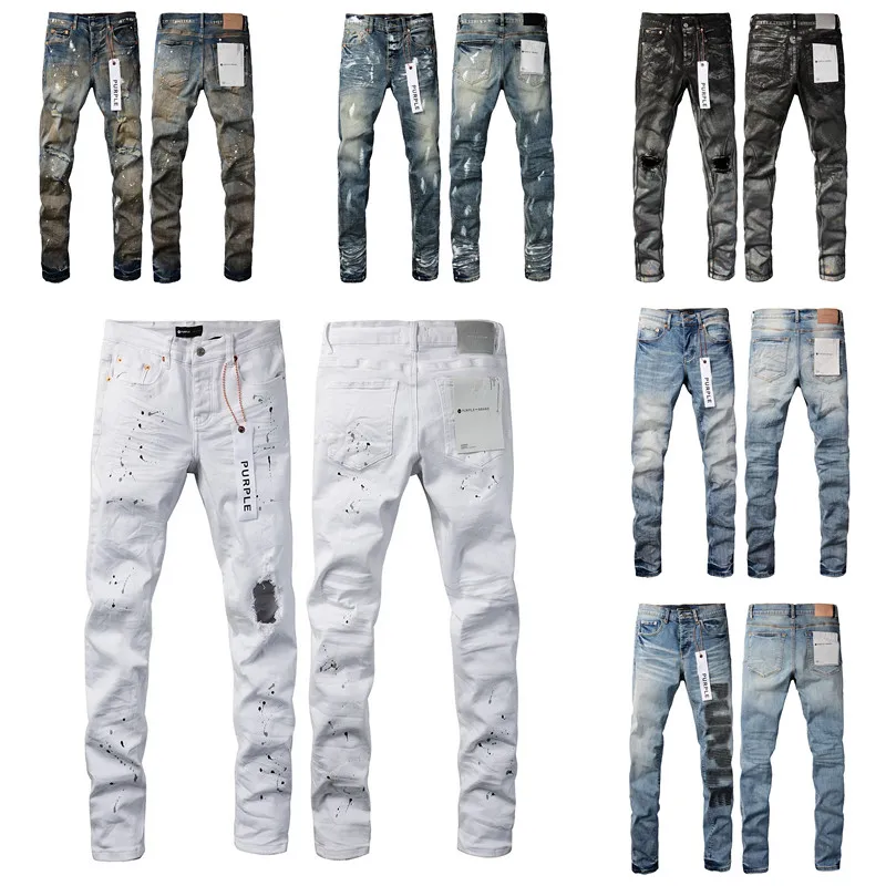 Calça de jeans de jeans roxa calça jeans RIP Slim Fit com osso Black Biker Denim Stretch Motrocycle