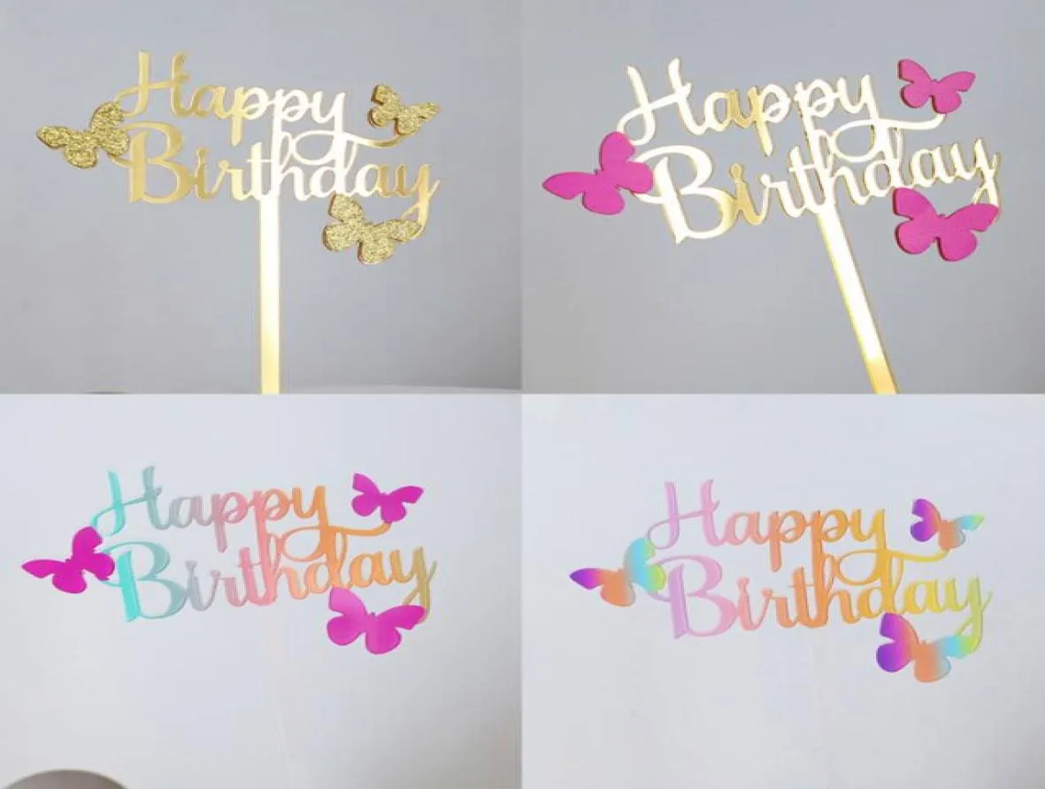 Cute Colorful Cake Topper Acrylic Happy Birthday DIY Cake Insert Reusable Butterfly Gradient Gold Cake Decoration Party Supplies M3853331