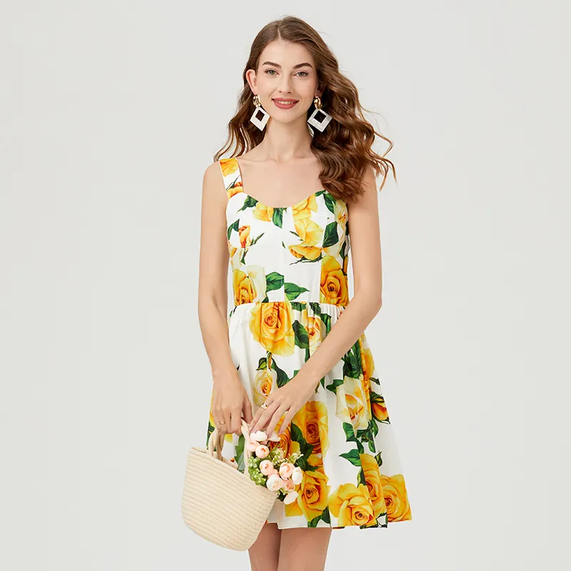 Floral Print Spaghetti Strap Short dress for Women - Basic Casual Summer dress with Cup Pad and Back Zip - Perfect for Beach and Runway - Vestidos