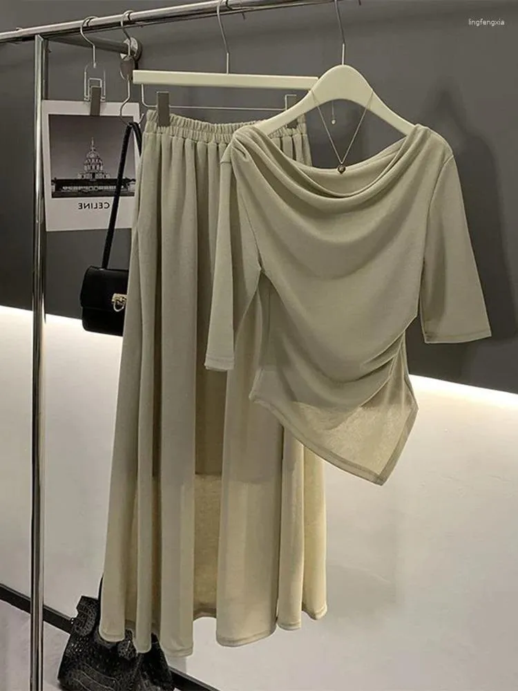 Женские брюки с двумя частями летние наборы 2024 одежда с коротким рукавом асимметричные топы с высокой талией наряды А-линия модные корейский костюм