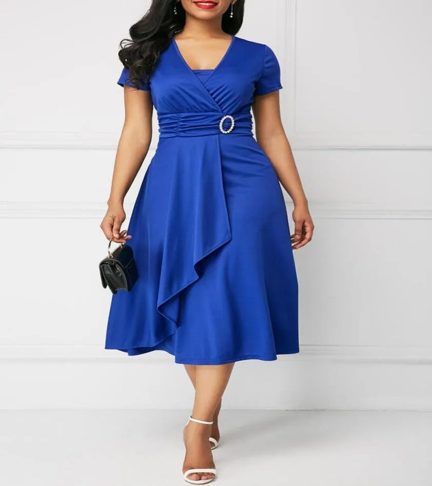 Summer Elegant Mother039s Short Sleeve Royal Blue Temperament Fashion Asymmetric Dress 5XL Bandage Waist Office Midi Casual Dre7322680