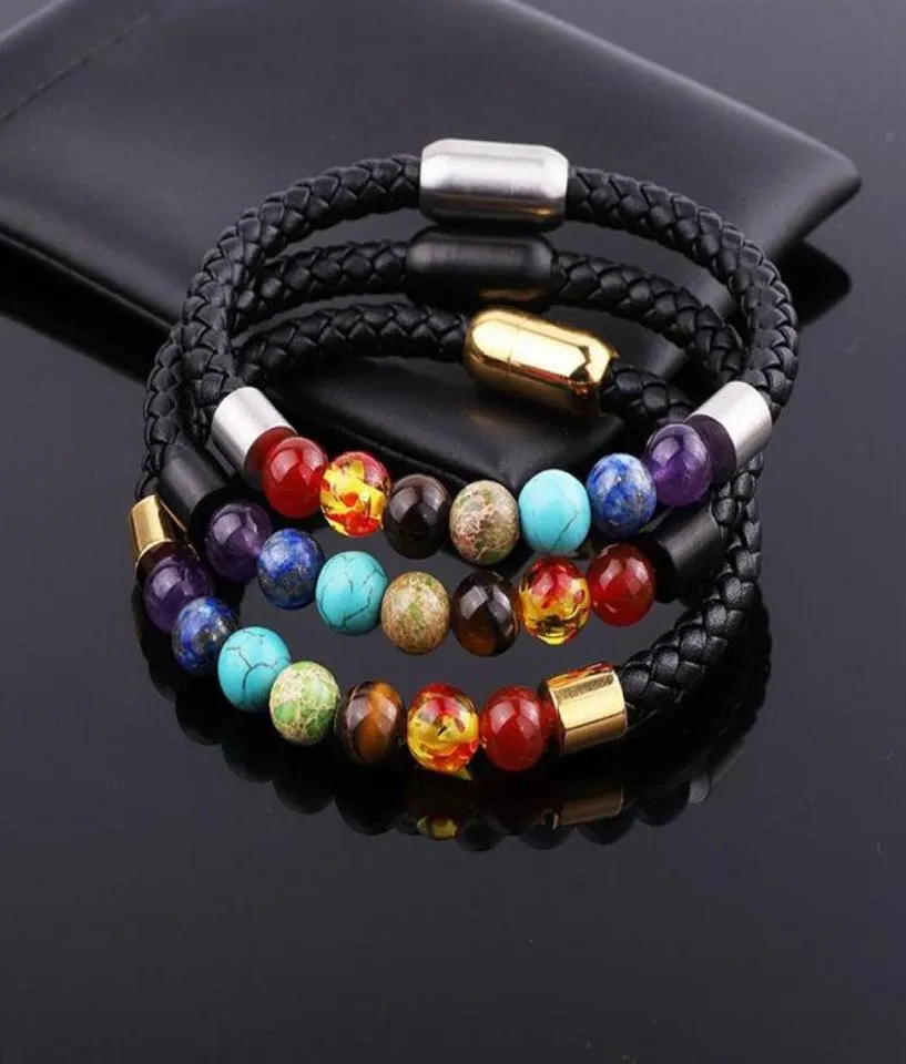 Brins perlées Jaravvi Design Magnet en acier en acier inoxydable Classe d'énergie naturelle Stone 7 Chakra Bracelet en cuir authentique Men300Y4716772