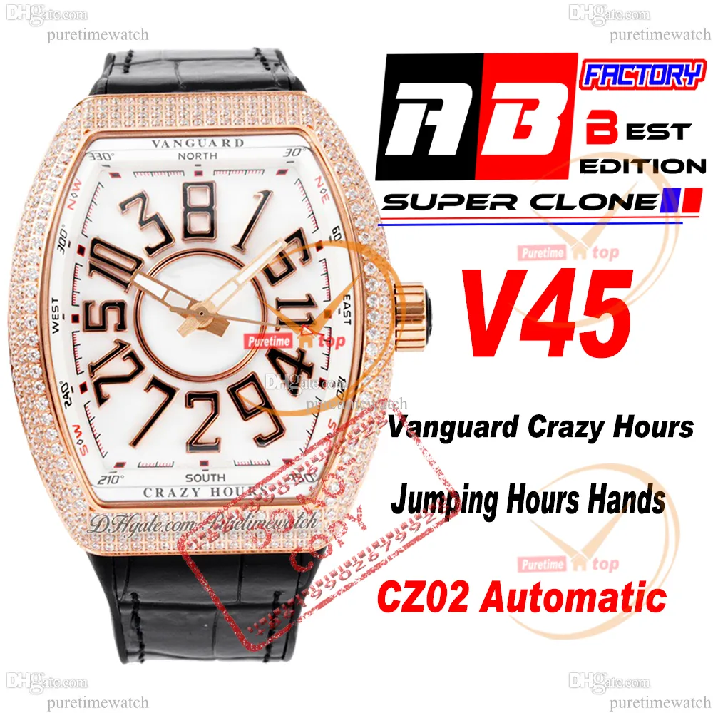 Vanguard Horário Crazy CZ02 Automático Visto Diamantes de ouro rosa Diamantes brancos Dial Branco Marcadores de Número Preto