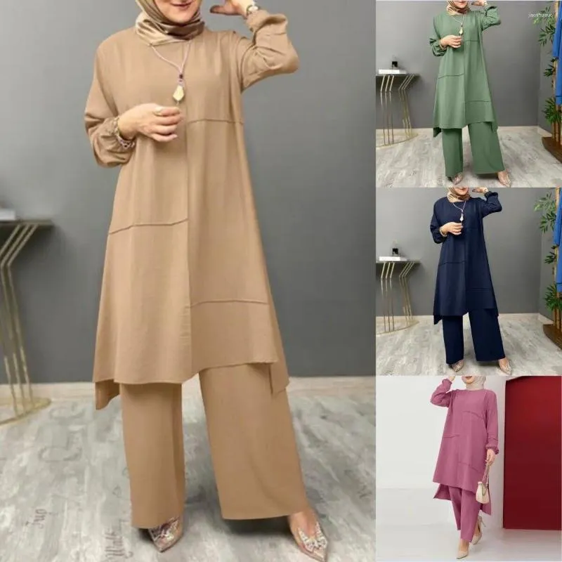 Roupas étnicas de duas peças set muçulmanas moda top calça elegante e sólida camisa longa calça de perna larga manto kaftan