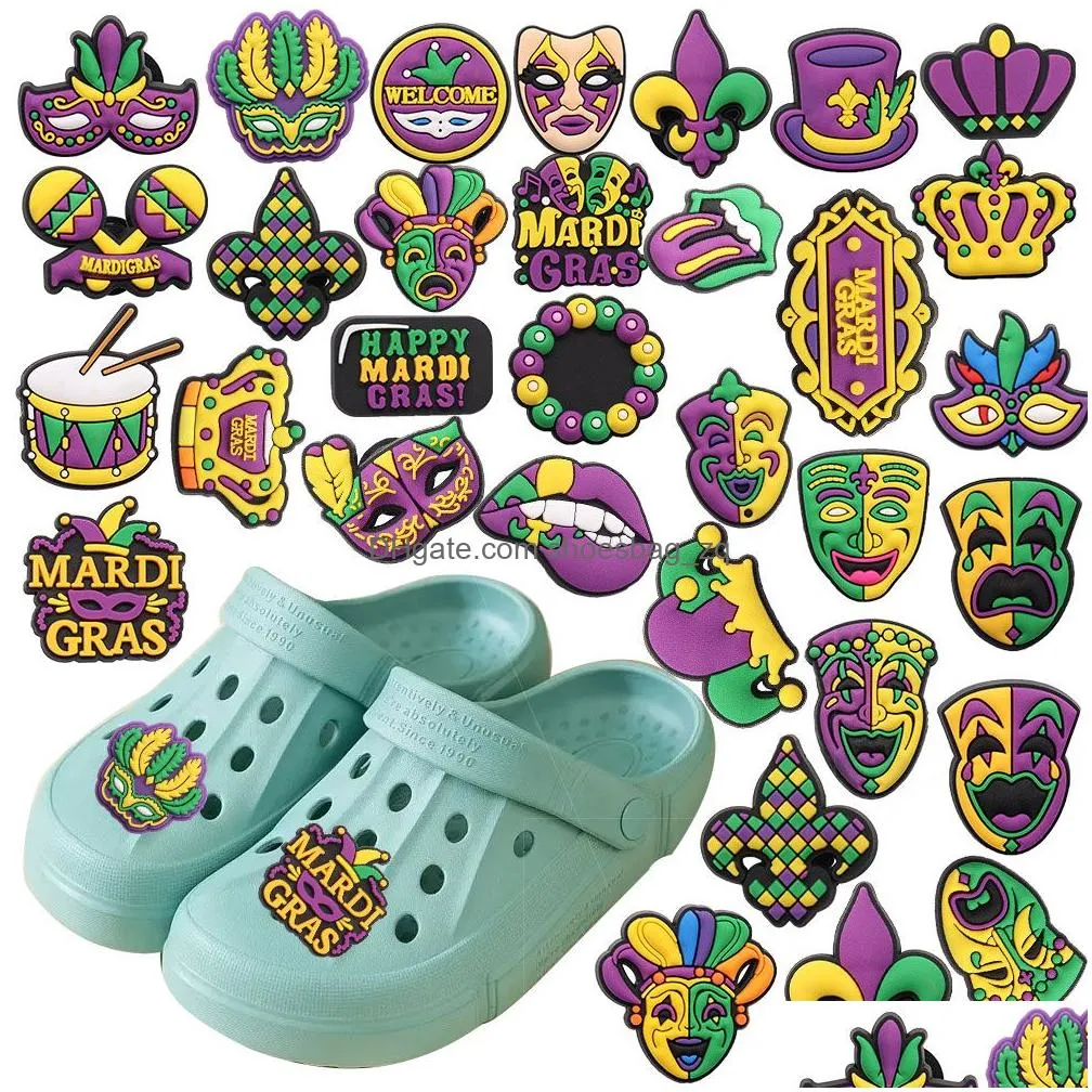 Biżuteria MOQ 20PCS PVC MARDI Gras Mask Lips Shoe Charm Akcesoria Dekoracja Buckcle do Clog Bransoletka Wakacyjna impreza świąteczna Dr Dhnwc