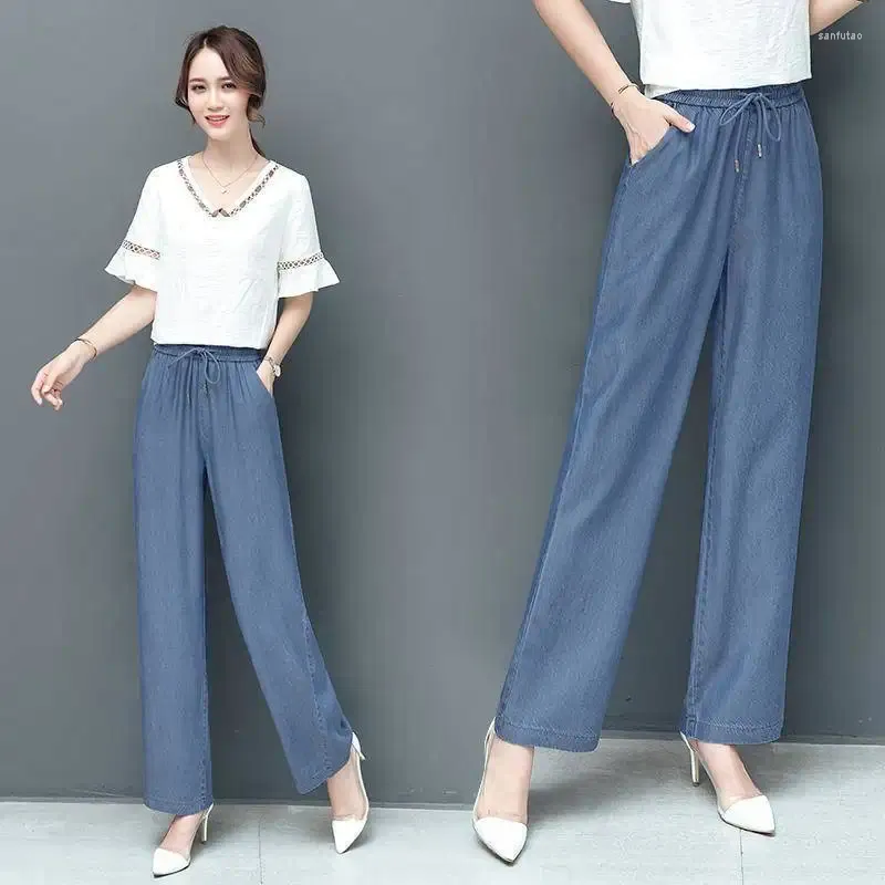 Jeans pour femmes en vrac de soie pantalon décontracté mode femme sage solide solide féminin large jambe haute taille grande taille 4xl