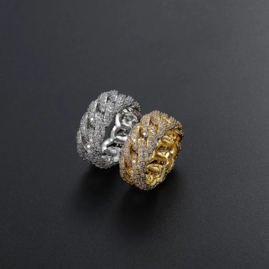 10 mm hiphop 2 rijen cz stenen bling ijs uit ronde Cubaanse kettingvingerringen voor mannen rapper ring sieraden goud zilveren kleur 247B