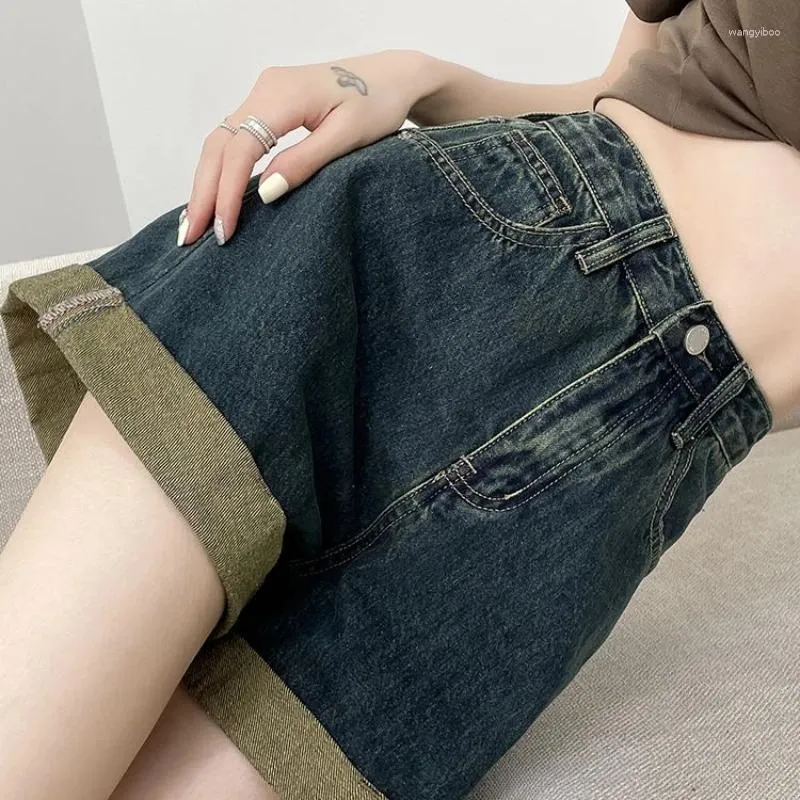 Jeans pour femmes Summer High Street Denim Shorts Femmes Wide Ligne A-Line Curling Courte courte Ladies Loose Vintage Pant Q591