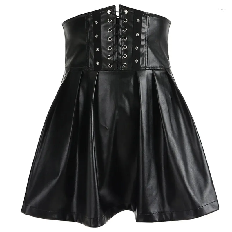 Röcke Frauen Gothic Faux Leder High Taille Korsett Schnürpüree Bustier Mini Faltenrock Dropship