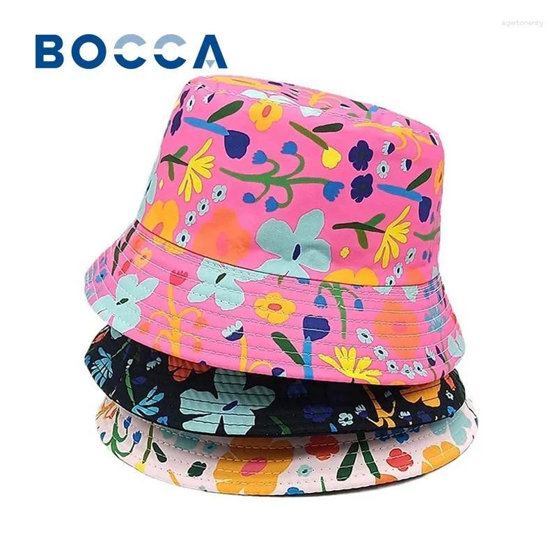 Berets Bocca Flower Printing Enfants Beaut Hat Girls Girls Kids Fisherman Chapeaux Bohemian Style Panama Cap Double côtés Summer Summer Outdoor