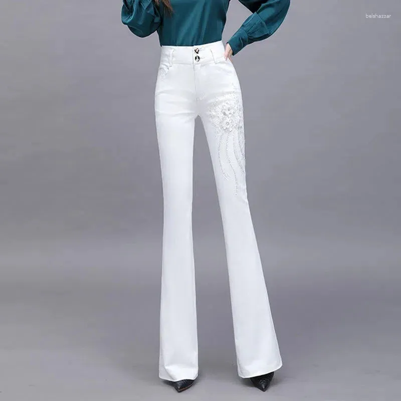 Frauen Jeans weiße Frauen Frühling Sommer koreanische Schlanke Hose Frauen hohe Taille gestickt Horn Jeanshose Damen Damen