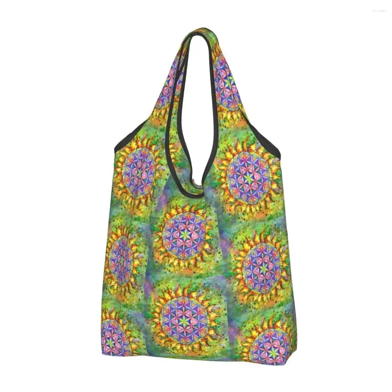 Stume da stoccaggio carine stampa fiore di vita dipinto di shopping borse borse portatile spalla per shopper geometrica mandala borsetta