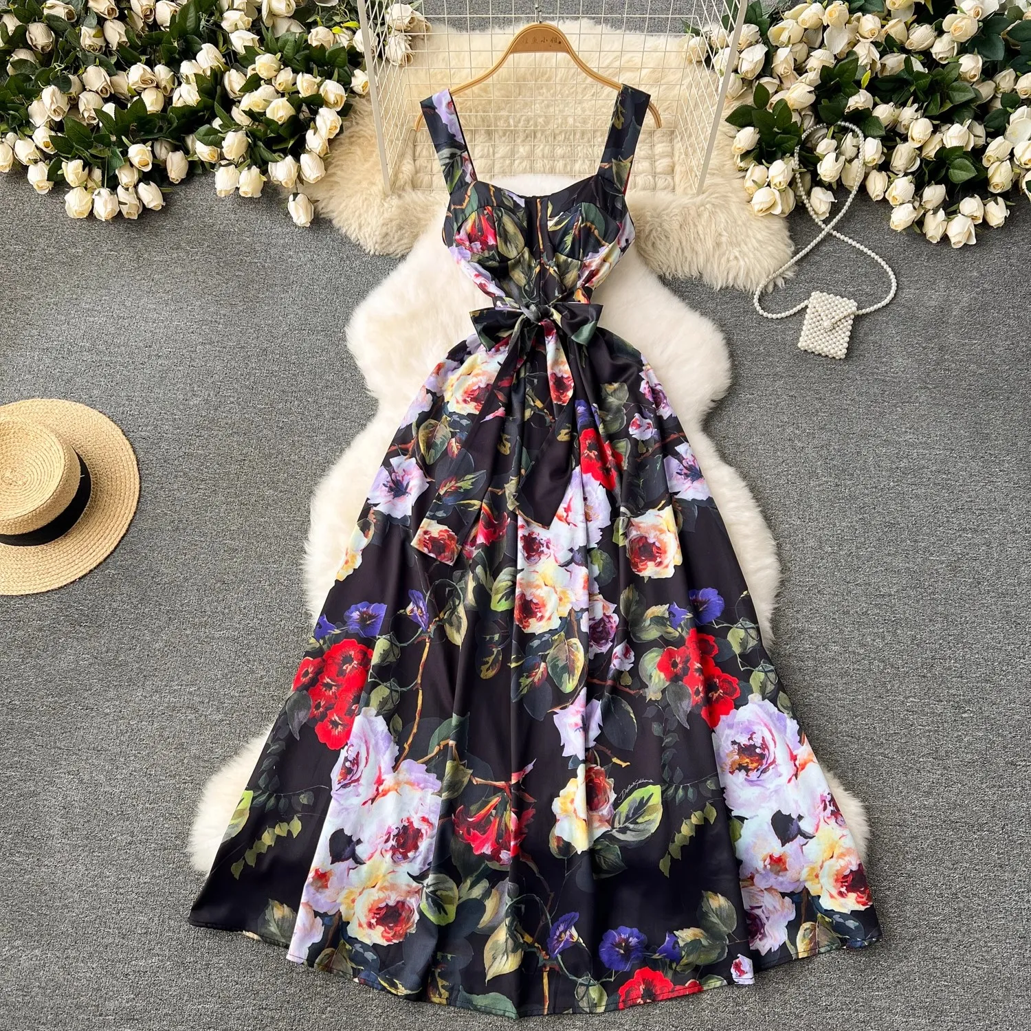 Basic Casual Dresses Summer Bohemian Spaghetti Strap Maxi Dress Women's Sleeveless Flower Print Cup Padded Belt Vacation Backless Long Vestidos 2024