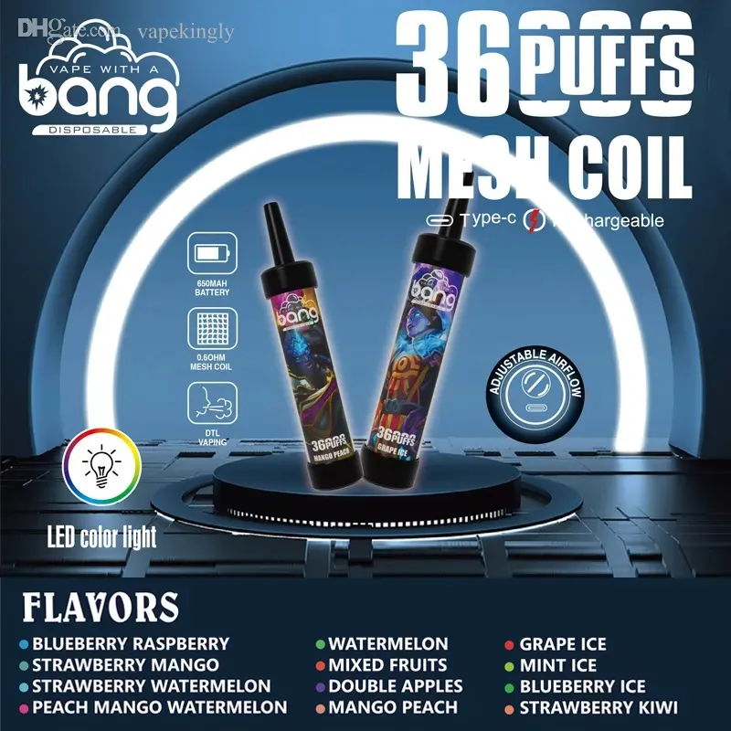 Bang 36000 Puff Vape desechable Vape recargable E CIRCES EN MEDILLA 40ml E-Liquid Puff 36K Vaper 0%2%3%5%Big Puff Electronic Led Leving Puff 36K 30K 20K