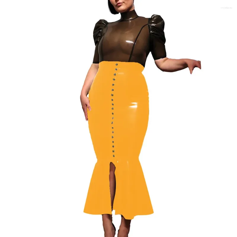 Skirts High Street Midi Hobble per donne lucenti in pelle in pelle PVC increspatura a petto singolo signore elasticose elastica vita