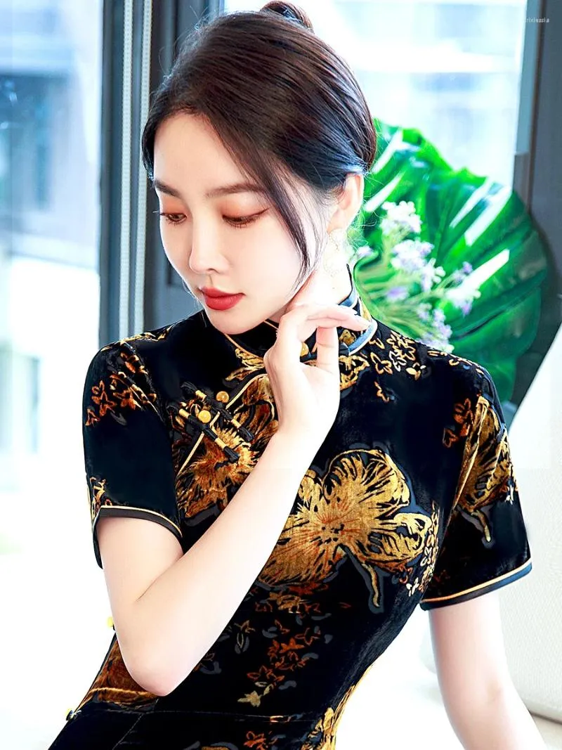 Ethnische Kleidung Old Shanghai High-End Echtem Samt lang Cheongsam Sommer Plus-Größe Temperament junge Kleid Frauen
