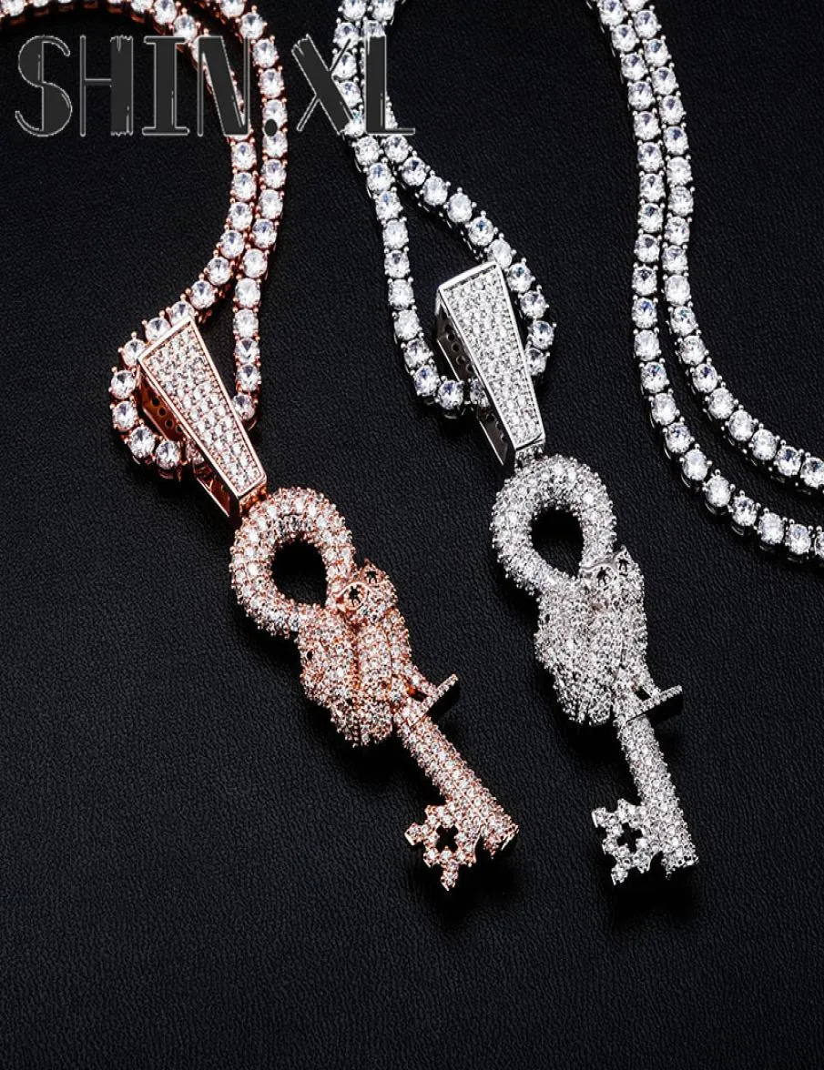 Collier de clé de chouette animal pendant glacé sur zircon masque bling collier or argent rose rose plaquée hip hop bijoux 4876355