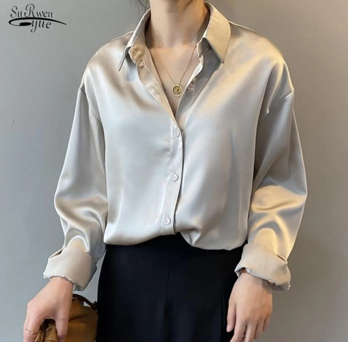 Vintage beyaz uzun kollu gömlekler üstleri bayanlar zarif Kore ofis gömlek moda düğmesi Up saten ipek gömlek bluz kadınlar 11355 2016179945