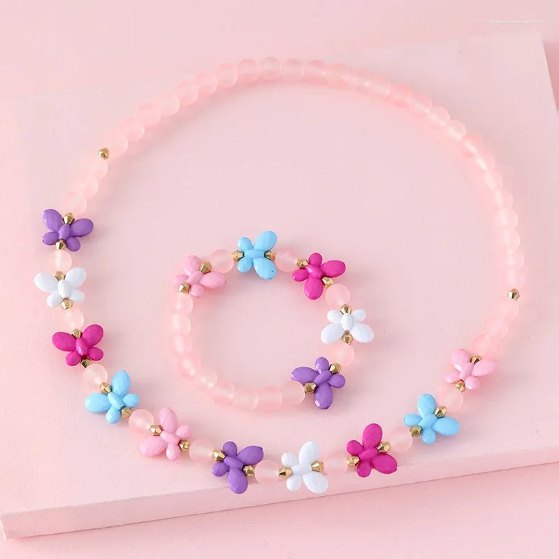 Collier Boucles d'oreilles Set 2pcs / Set Pink Princess Rose Colorful Butted avec Bracelet Bijoux pour Girls Girl Farty Birthday Gift