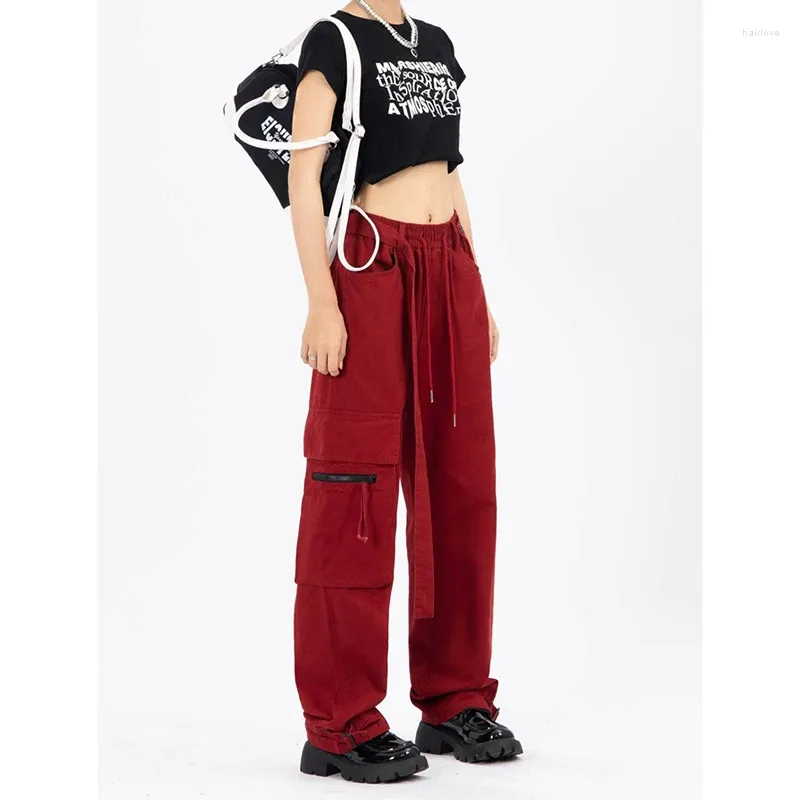 Pantalon féminin rouge y2k cargo bf vintage streetwear hauteur haut de taille pantalon droit des femmes hip hop harajuku poches larges jambe