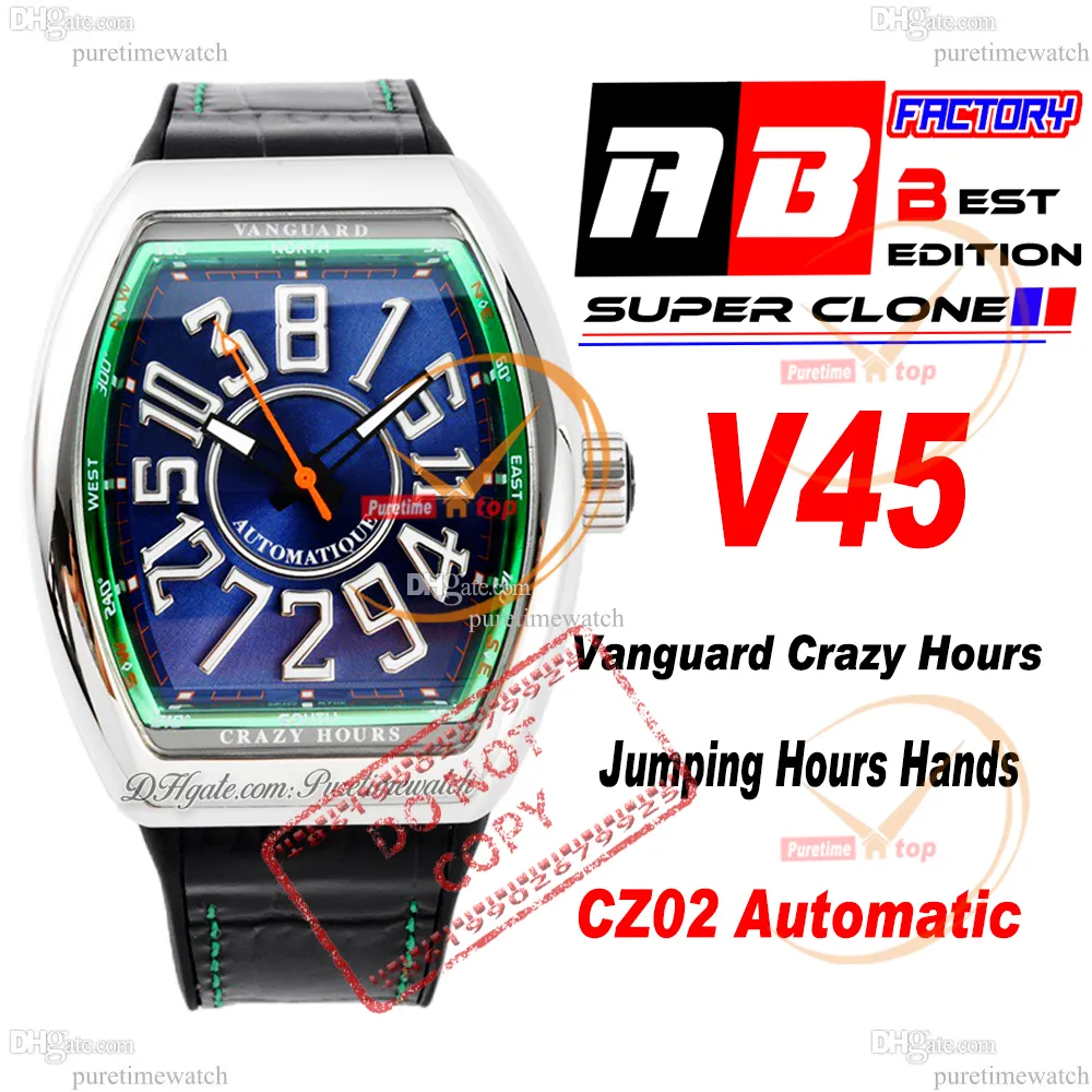 Vanguard gekke uren CZ02 Automatische heren Watch Steel Case Green Blue Dial 3D White Number Markers Gummy Strap Super Ediiton Puretime Reloj Hombre Montre Hommes Ptfm