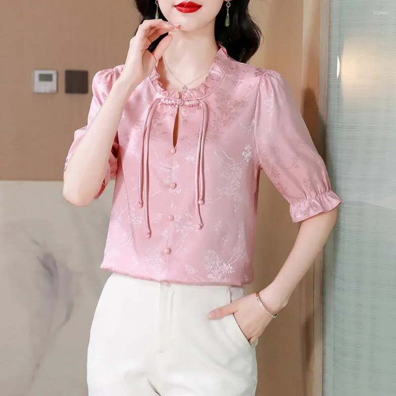 Bluzki damskie Summer Sweet Ladies Fashion Chinese Vintage Hanfu Style Kobiety Eleganckie marszczenia wysokiej jakości koszule żakarda