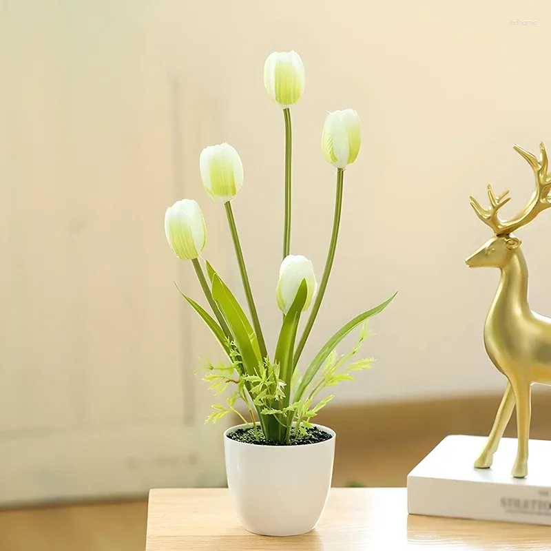 Flores decorativas 5 Cabeça Tulip Bonsai para festa de casamento em casa Windows Desktop Artificial com vaso de flores Ação de Graças