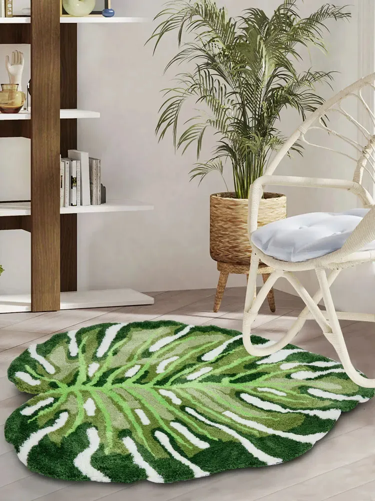 Oregelbunden växt Montera Tufted -matta Plush Tropical Leaf Area Rug för vardagsrum Badrummet Green Montera Fluffy Bath Floor Mat 240419