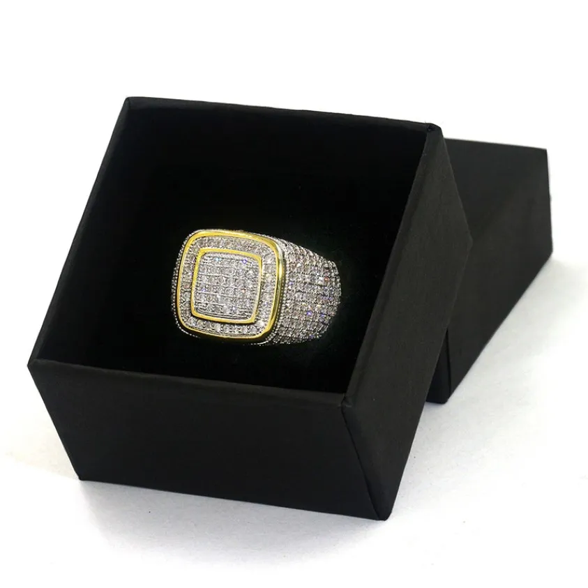 Mens Rings Hip Hop Jewelry Iced Out Diamond Ring Micro Pave CZ Yellow Gold Plated Ring Nice Gift for Friend 255h