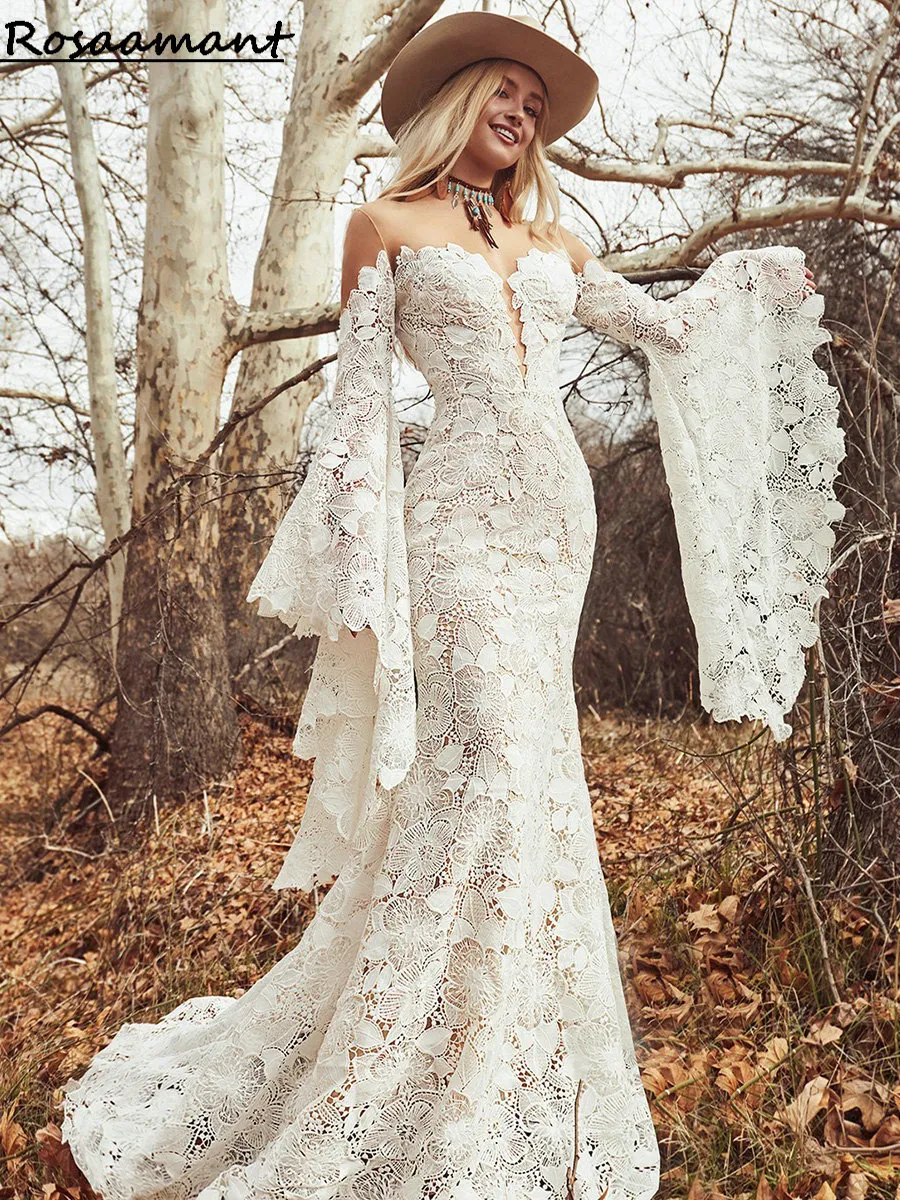 Bohemian Illusion Open Back Lace Mermaid Wedding Dresses Long Flare Sleeve Appliques Bridal Gowns