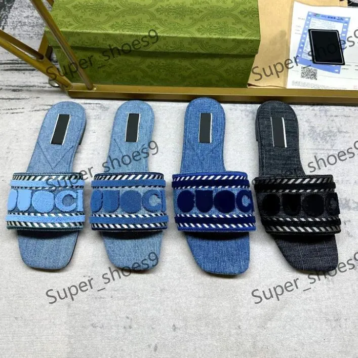 Nya designer tofflor denim sandaler broderade randiga tofflor förolyckande slid sandal tofsar cut-out toffel frayed tyg tofflor designer storlek 35-42