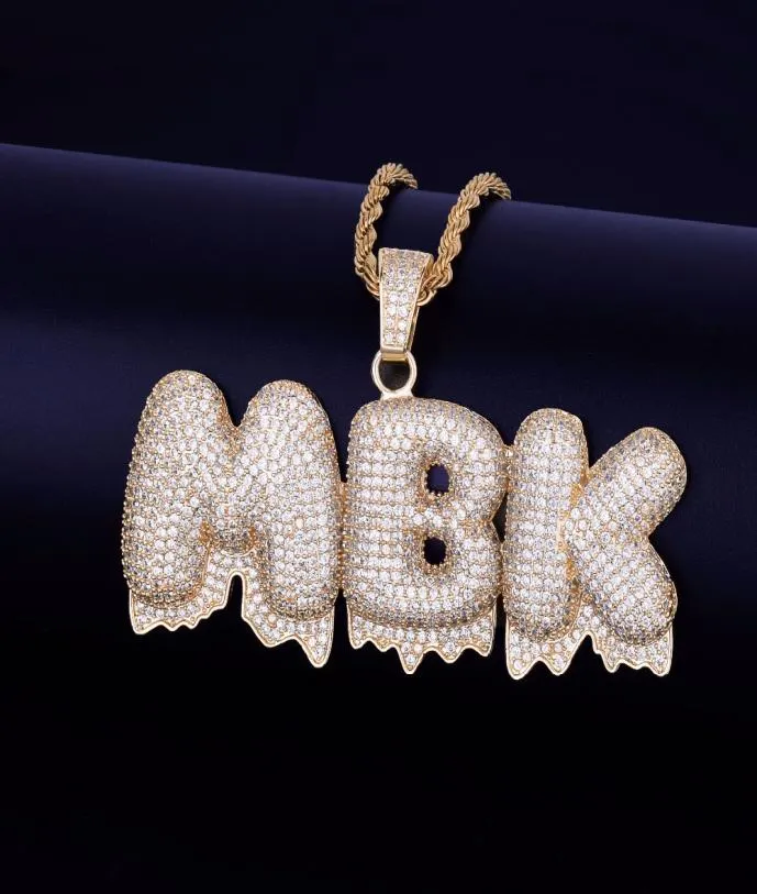 Nome personalizzato Lettere a goccia bianca collane a catena a ciondolo cittadino zircone hip hop gioielleria con catena di corda d'argento in oro da 4 mm 20inch9004656
