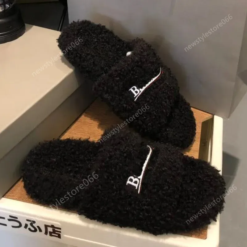 Lyxdesigner tofflor män kvinnor tofflor damer ull glider vinter päls fluffy pälsa varma bokstäver sandaler bekväma fuzzy flicka flip flop