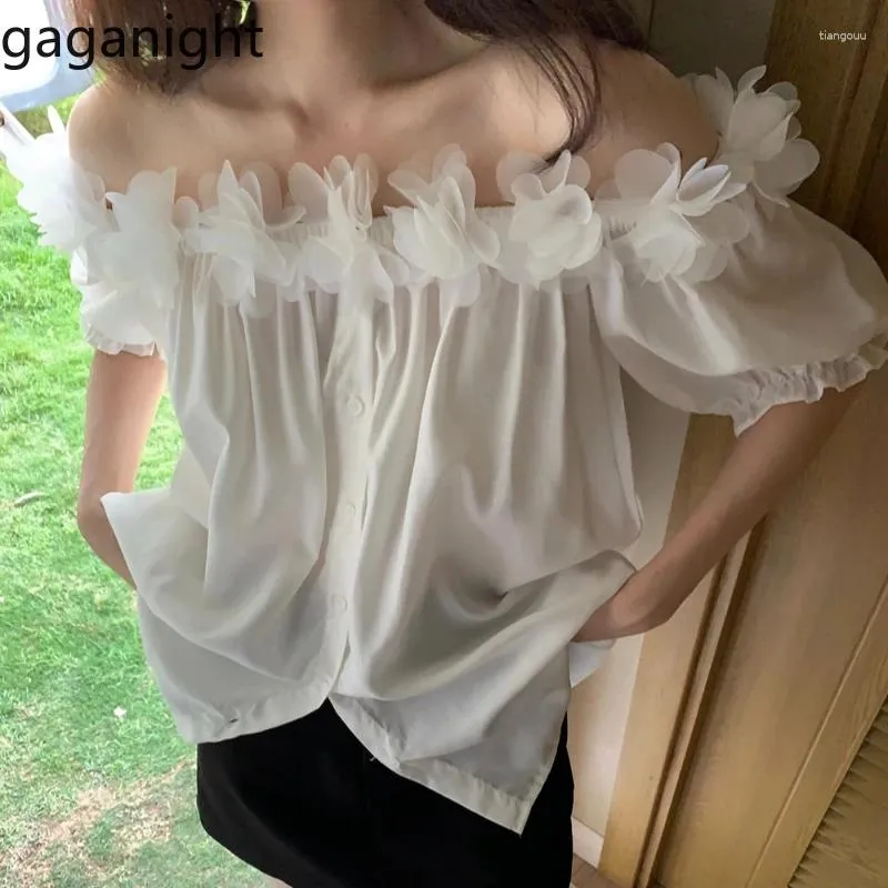 Women's Blouses Gaganight vrouwen Franse driedimensionale bloem een schouder puff puff mouw shirt 2024 zomer zoet temperament korte top