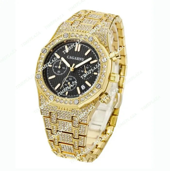 Cagarny Full Diamond Mens Relógios Hip Hop Iced Out Relógio de Pulso de Quartzo Masculino Prata Bling À Prova D 'Água Relógio Masculino Cronógrafo Reloj Relógio de Pulso