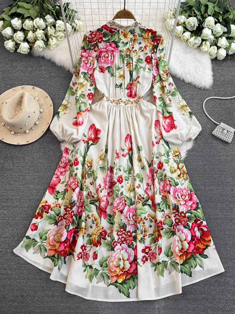 chinese dress ladies Floral Frill Trim Flounce Sleeve Plunge Maxi Dress