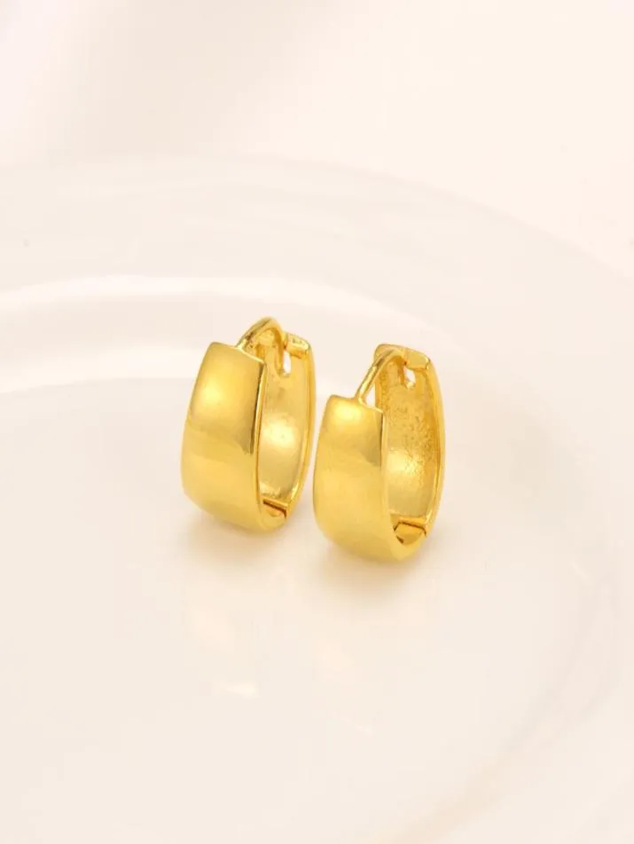 Pure 24k Yellow Fine Solid Gold GF Earrings Wide Hoop Lucky Glossy Women Gift7325785