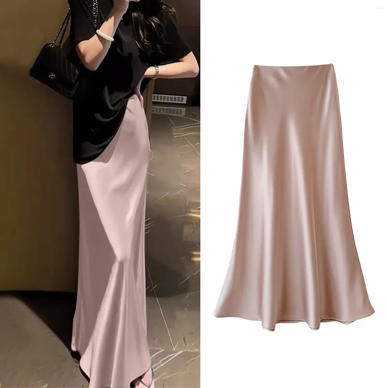 Jupes satin pour les femmes d'été fashion coréenne midi une ligne longue belle jupe de calandre haute taille femelle