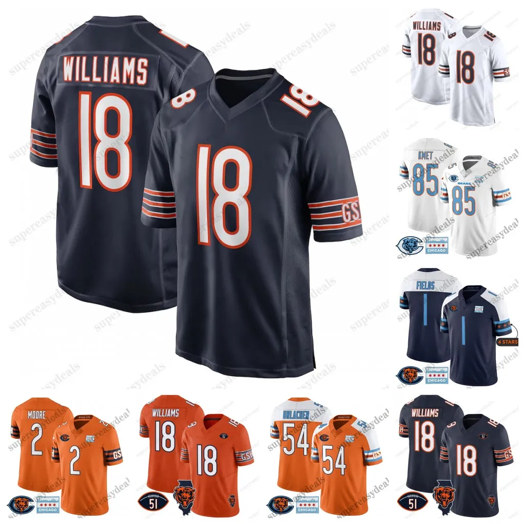 18 Williams 2024 Bears Jerseys Chicago Rome Odunze DJ Moore Jaquan Brisker Darnell Wright Cole Kmet Devin Hester Walter Payton Montez Sweat Keenan Allen D'Andre Swift