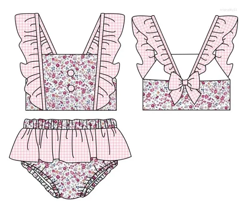 Kleidung Sets Babykleidung reiner Baumwollkinderanzug Sommer Blaues Gitter ein einteiliger zweiteiliger Badeanzug Mädchen Pink Blumenjungen Shorts