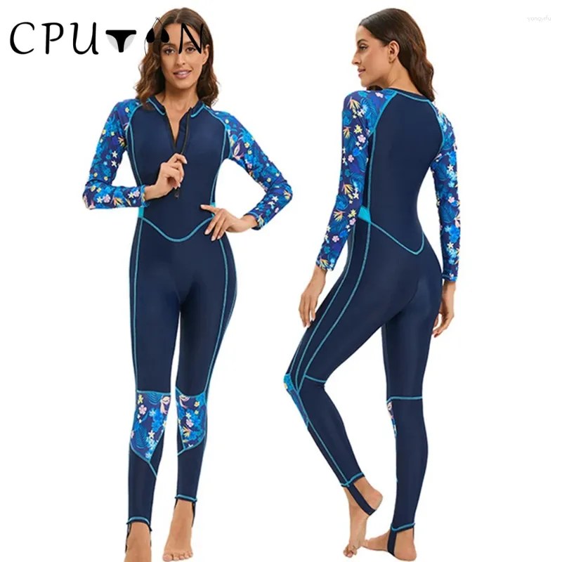 Women's Swimwear CPUTAN 2024 Sport Long Sleeve Rash Guard One Piece Women Swimsuit Beachwear Summer Print Monokini Surfing Suit Bodysuit