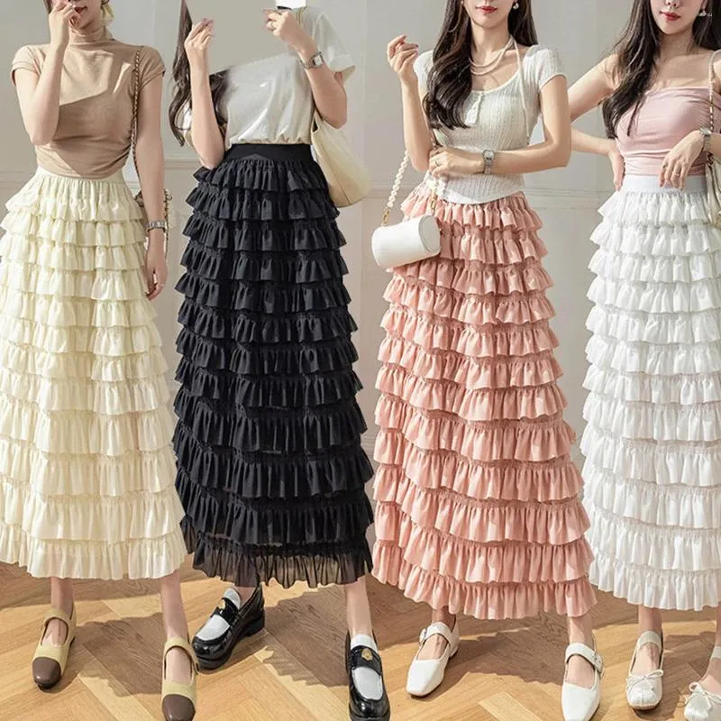 Spódnice ciasto tutu spódnica kobiety eleganckie kaskadowe marszczenia liniowe długie koreańskie eleganckie estetyczne elastyczne imprezę talii siatka faldas