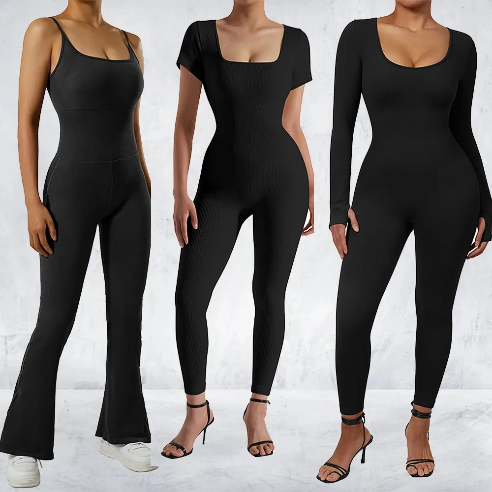 Dames geribbeld één stuk jumpsuits outfits bodycon bodysuit sexy rompers korte mouw oefening yoga jumpsuit sportkleding mujer 240425