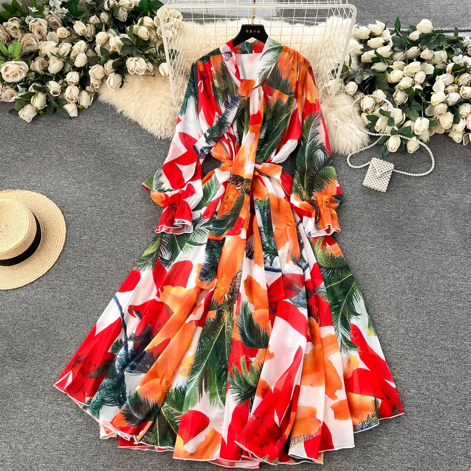 Sıradan elbiseler yaz bohem çiçek şifon sundress tatil plajı seyahat kadın giyim maxi elbise gevşek parti uzun vestidos boho robe 2024