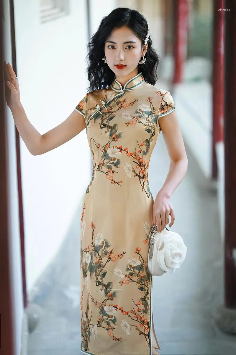 Abbigliamento etnico di alta qualità Seta vera seta Qipao Cheongsam Abito gonna top abito dimagrante retrò vecchio modificato Old Shanghai di fascia alta di fascia alta