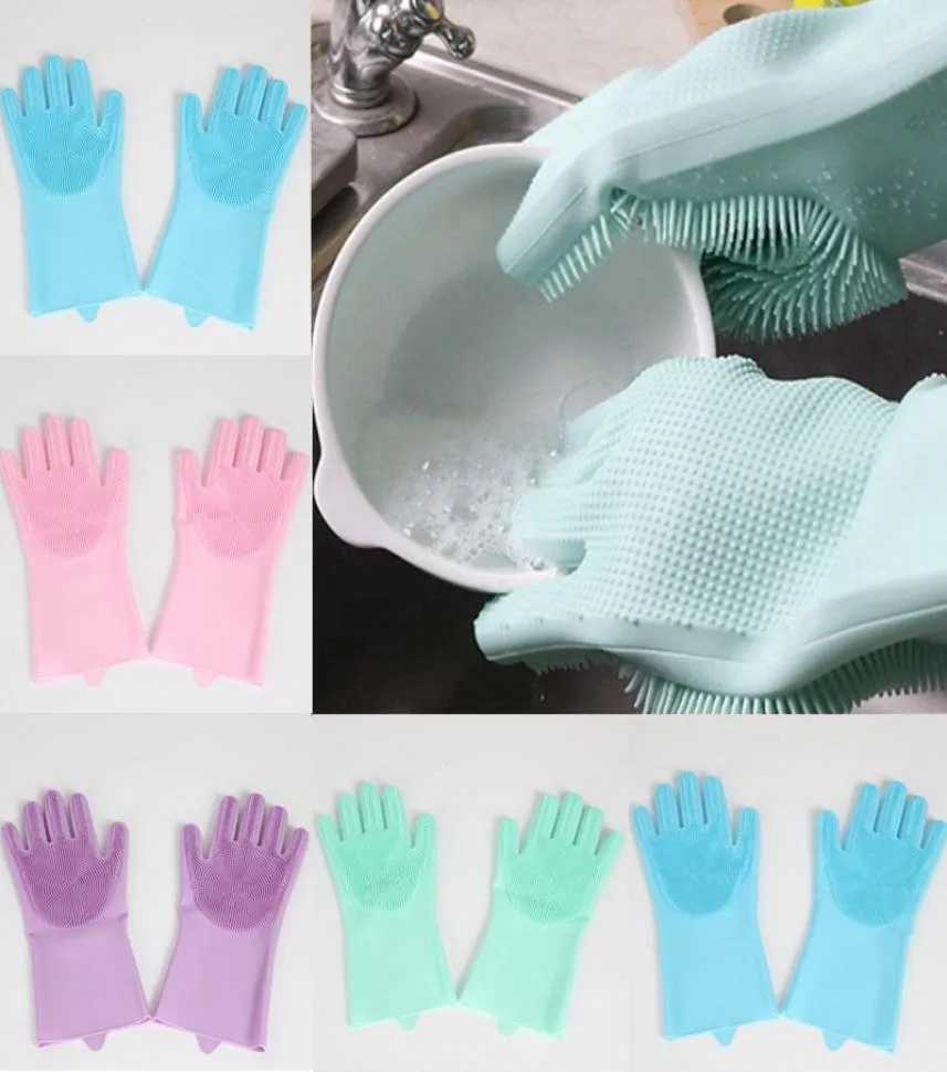 Silikonowe rękawiczki z szczotką wielokrotnego użytku Silikonowe naczynia do mycia rękawiczki odporne na rękawiczki cieplne narzędzie do czyszczenia kuchni HHAA6147391580