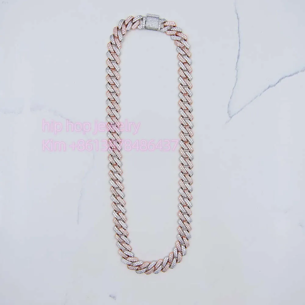 Hip Hop Jewelry Custom 2Rows 14mm Prong Cuban Chain Trendy 2 Tone 925 Silver Moissanite Diamond Necklace
