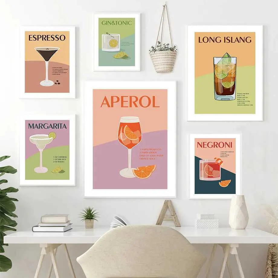 Pers vintage cocktail gekleurde alcohol illustratie poster en printmaking muurkunst canvas muur schilderij voor woonkamer decoratie J240505