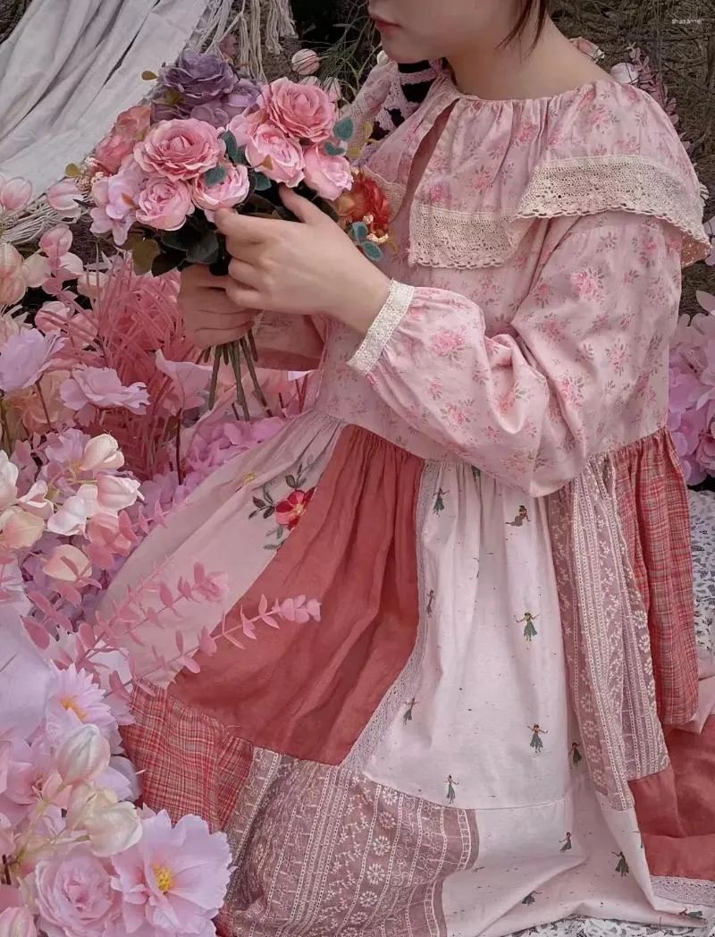 Robes décontractées printemps automne femmes sweet mori kei fille lâche plus taille de dentelle de dentelle patchwork confortable coton lin